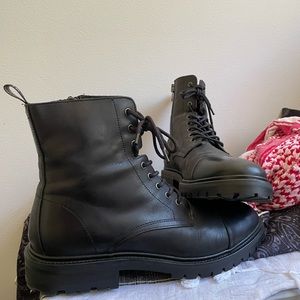 AllSaints Men's Piero Combat Ankle Boots in Black Leather Size 45 / US 12